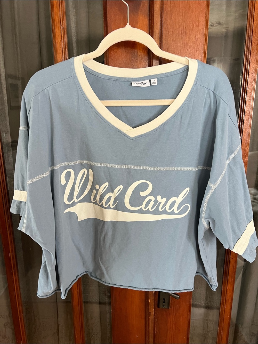 Lovesick Blue V-Neck Cropped Tee with Cream Trim